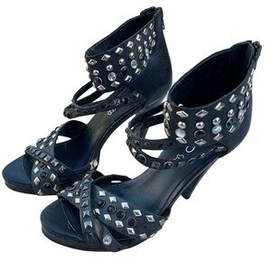 Aldo high heel black leather studded stilettos sandals zipper glamour dress shoe